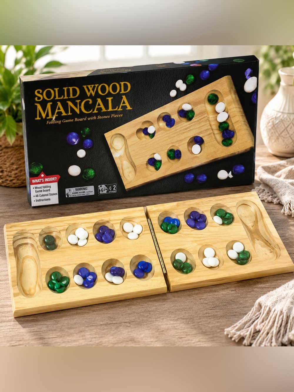 Cardinal Industries Solid Wood Mancala Folding Board Game with 48 Colored Stones